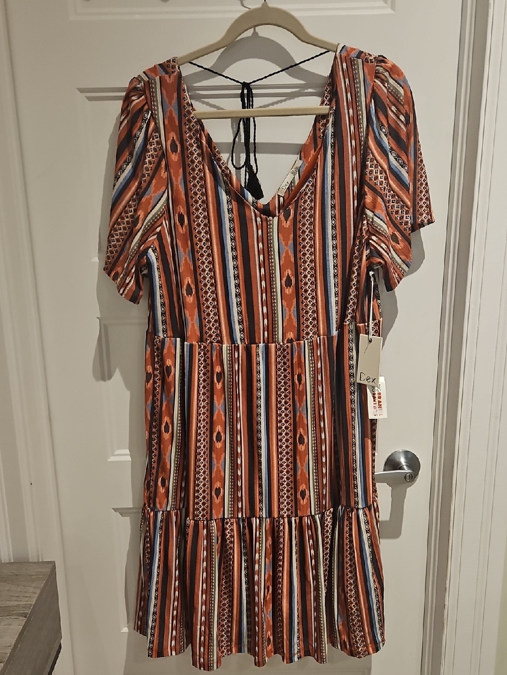 NWT Dex 🧡 Boho Striped Tiered Mini Dress – Rust, Navy & Cream